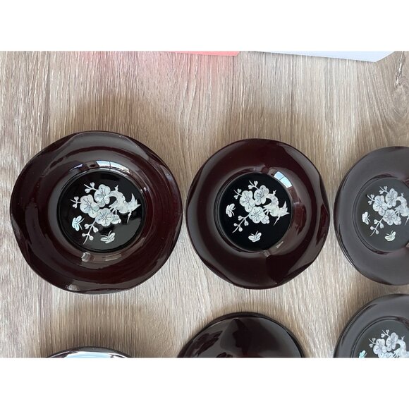 Vintage Set of 6 Asian Lacquer & Mother of Pearl in-lay cup covers coasters dish - Picture 6 of 7